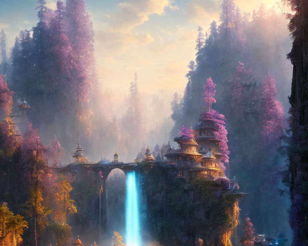 Serene fantasy landscape with waterfall, pagoda structures, and pink forests