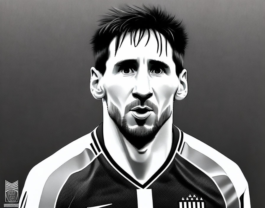 Monochrome digital art of male soccer player in striped jersey