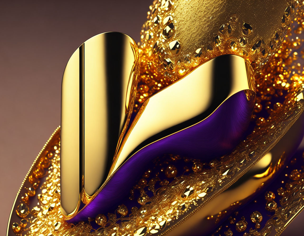 Luxurious abstract composition: Gold and purple shapes with golden droplets on warm background