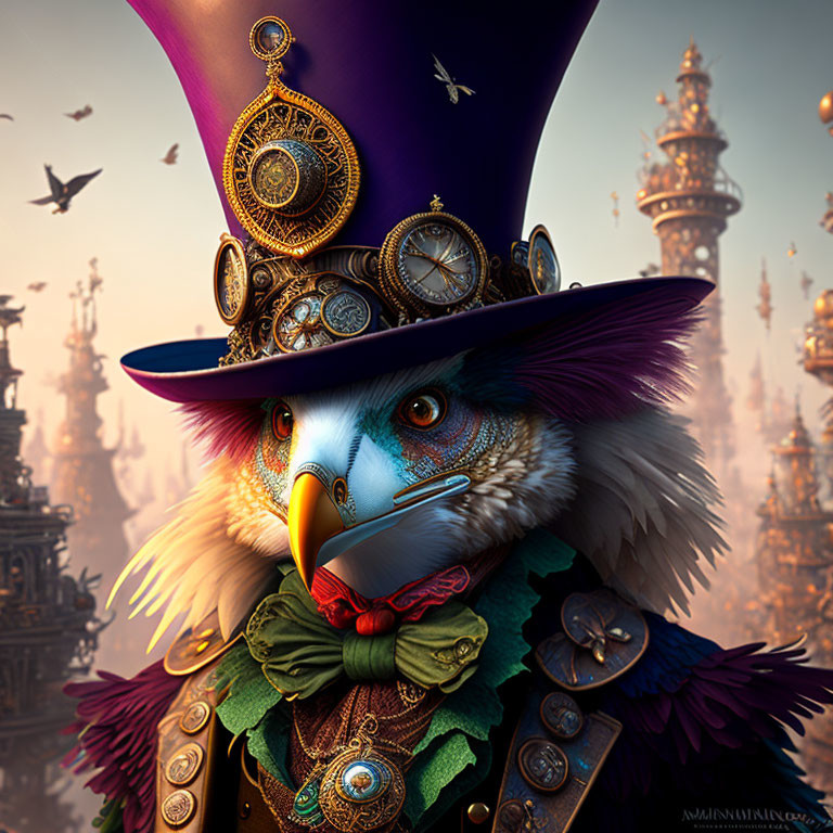 Steampunk bird character with top hat, goggles, and mechanical monocle in fantasy setting.