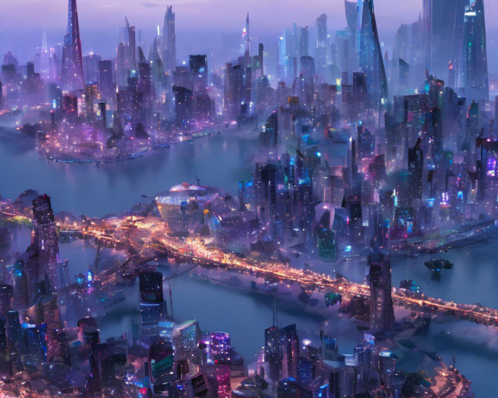 Futuristic cityscape at twilight with illuminated skyscrapers and neon lights