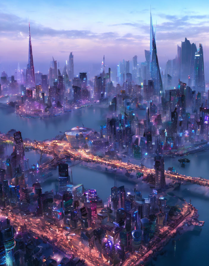 Futuristic cityscape at twilight with illuminated skyscrapers and neon lights