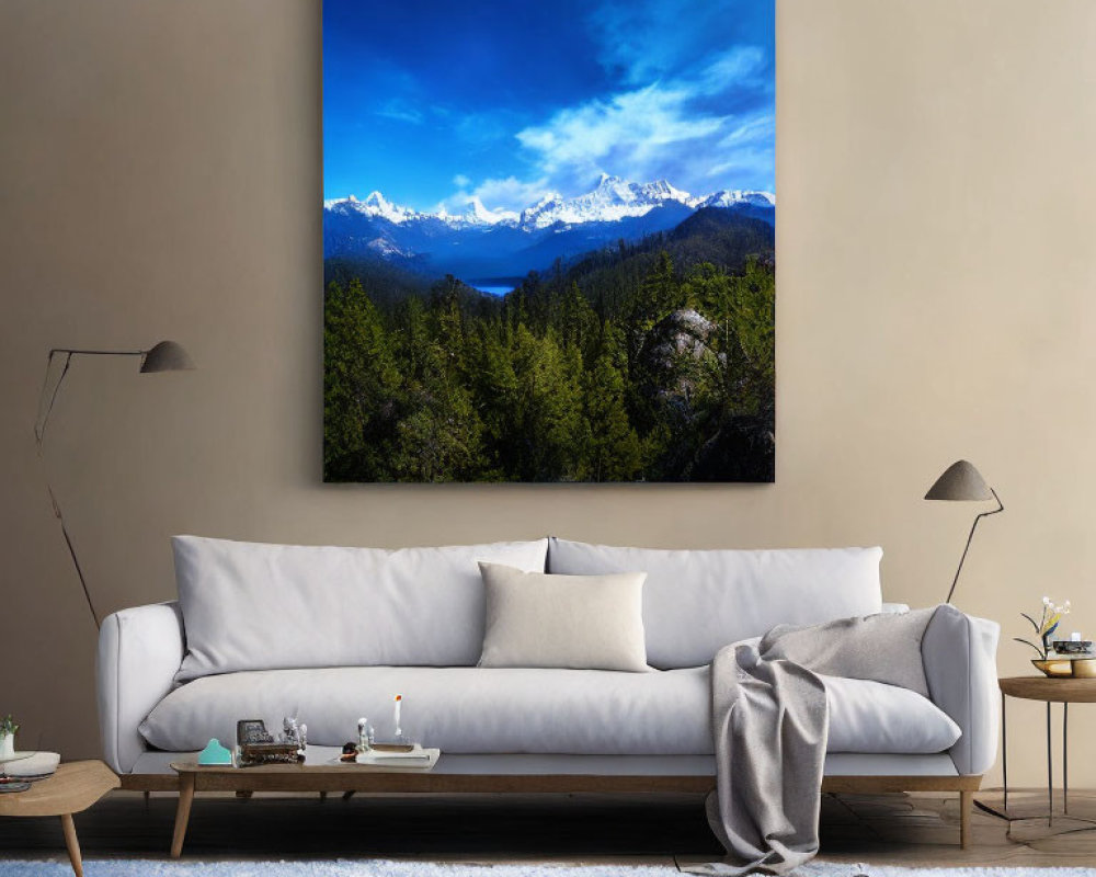 White Sofa, Blue Rug, Large Mountain Painting in Cozy Living Room
