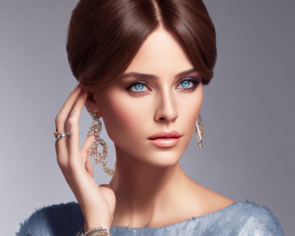 Portrait of a woman with blue eyes, brown hair in updo, elegant jewelry, and shimmering