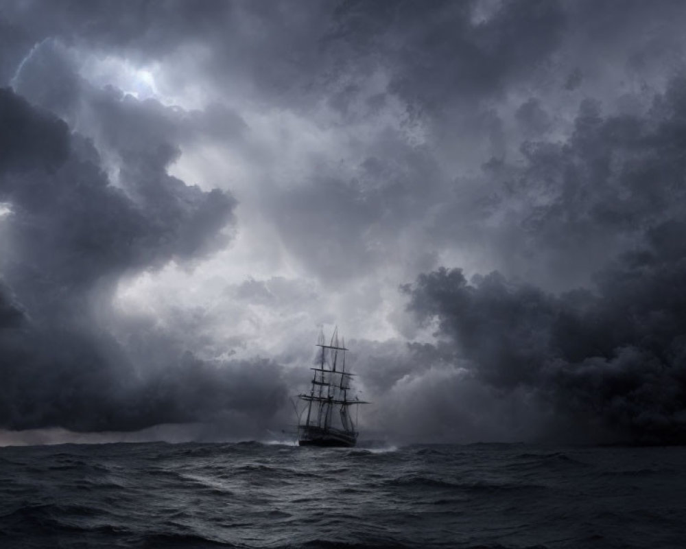 Tall ship in stormy seas under brooding sky