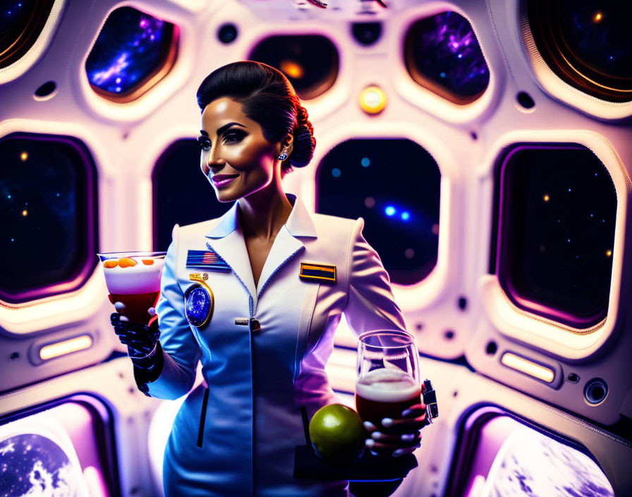 Woman astronaut with cocktail and beer in spacecraft cabin