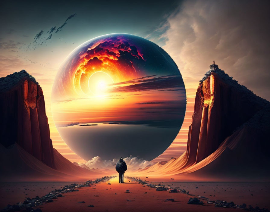 Person in desert gazes at surreal sunset sphere amid cliffs