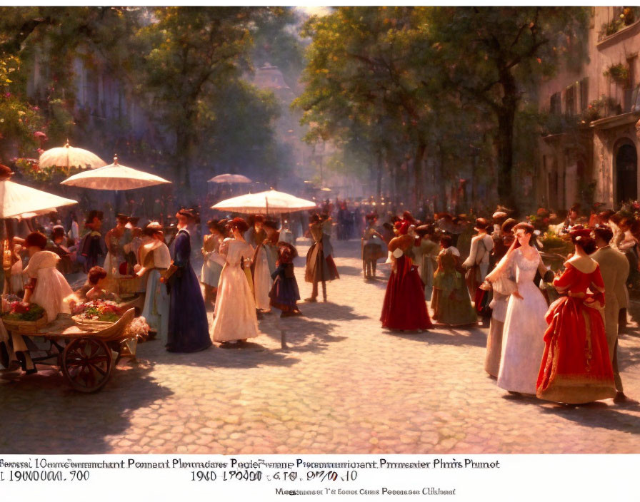 Historical street scene with people in period clothing on sunlit boulevard
