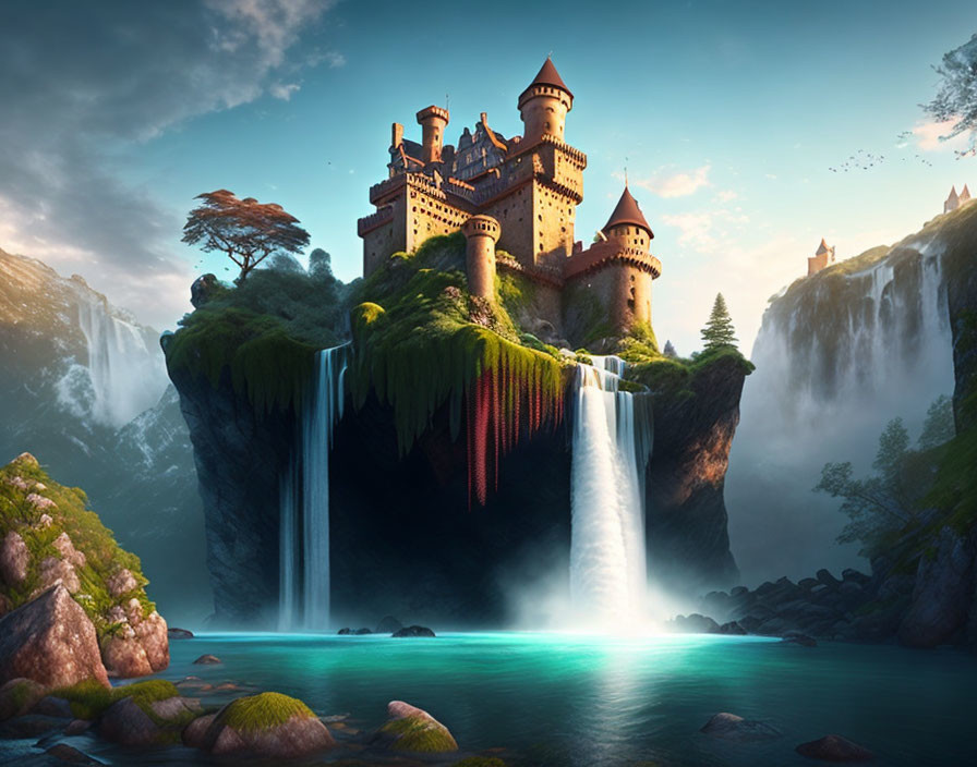 Fantastical castle with spires on cliff above waterfalls and river at dusk