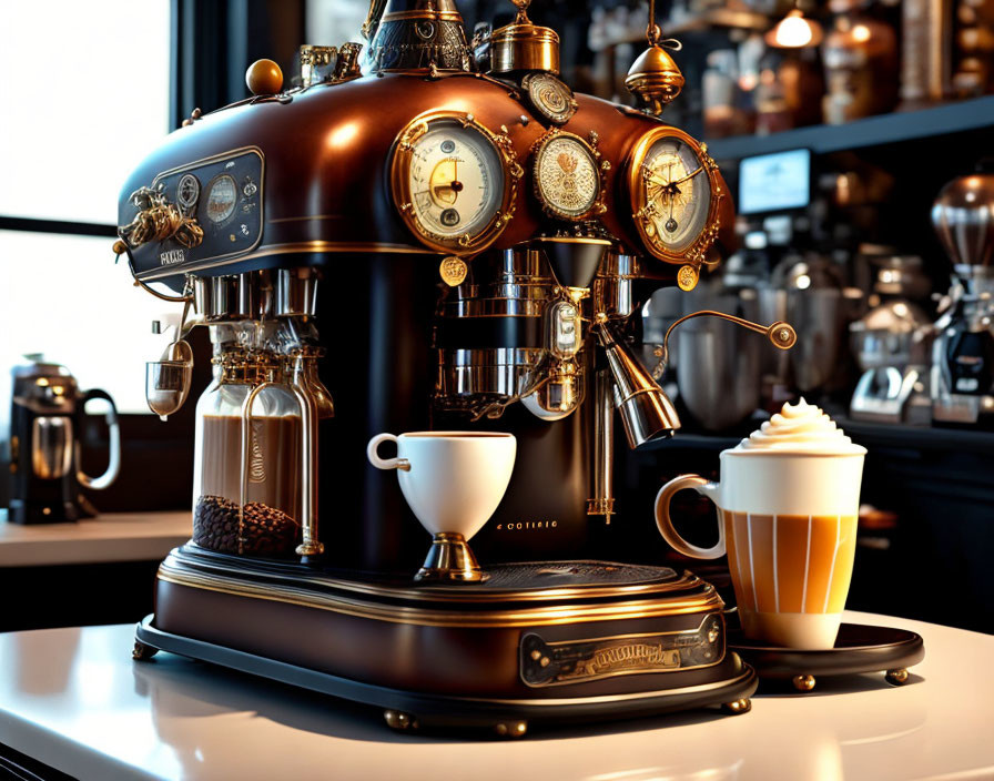 Vintage-style Copper Espresso Machine Brewing Coffee into White Cup