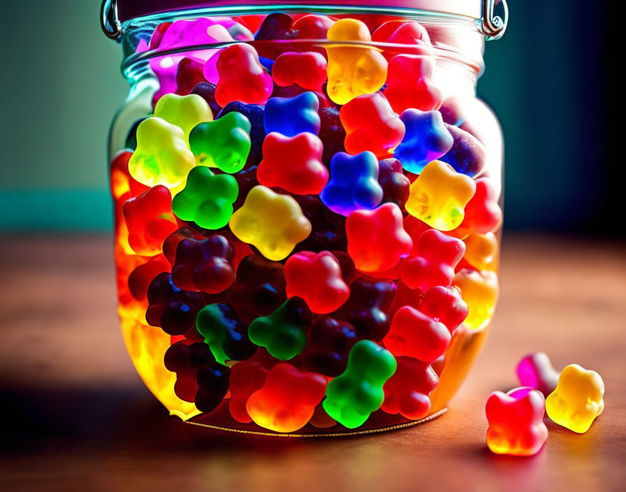 Colorful Gummy Bears in Illuminated Jar Display