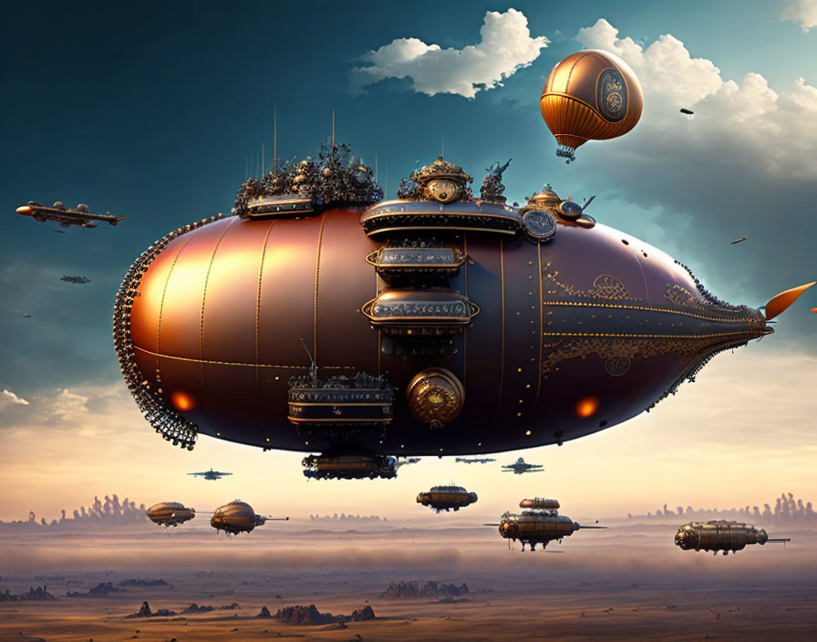 Steampunk airships above golden landscape under cloudy sky