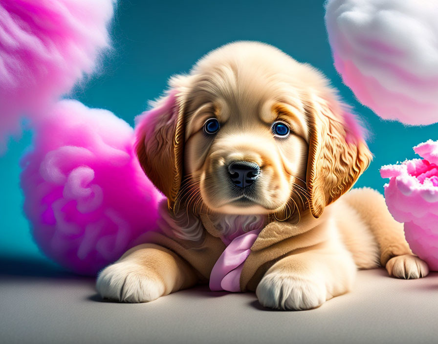 Illustrated Puppy with Glossy Coat and Blue Eyes in Fluffy Pink Clouds