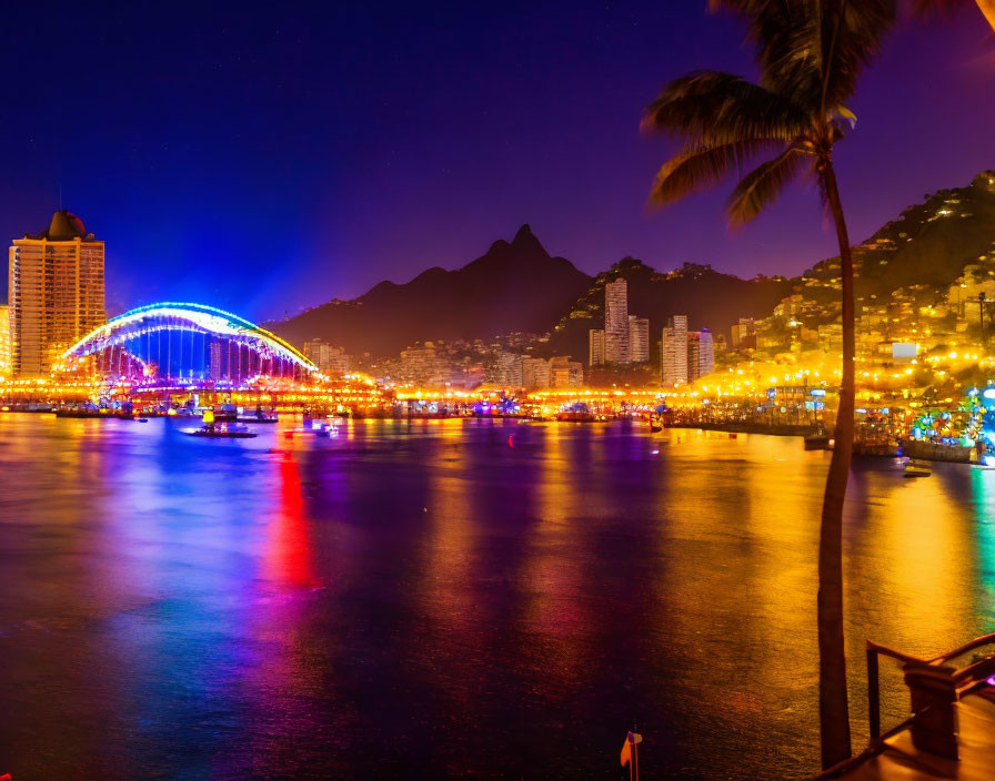Colorful Night Scene: Lit Bridge, City Skyline, Palm Trees