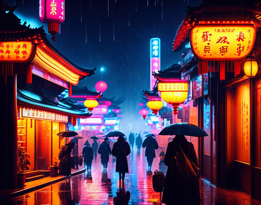 Traditional architecture and red lanterns in a rainy night street scene