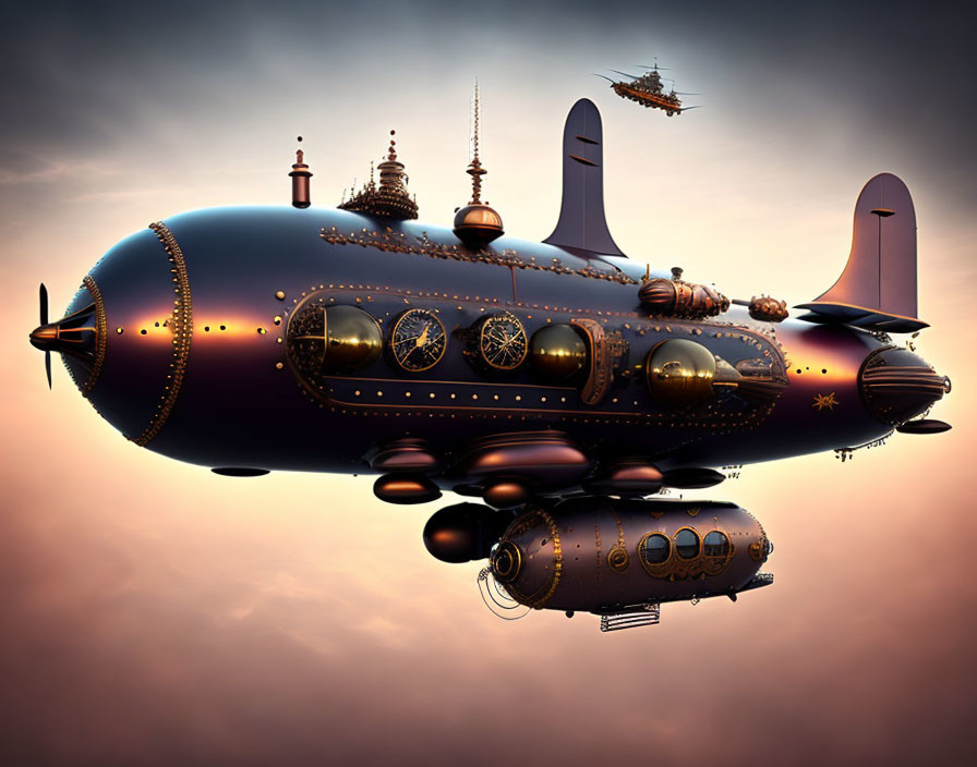 Detailed Steampunk Airship in Dusky Sky with Smaller Ships
