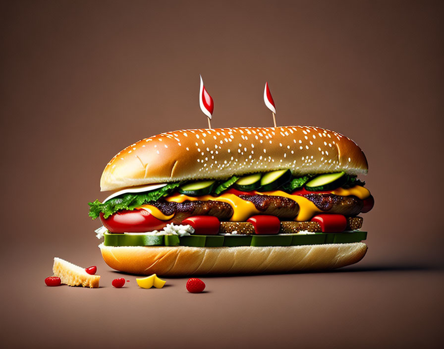 Double Cheeseburger with Birthday Candles on Solid Background