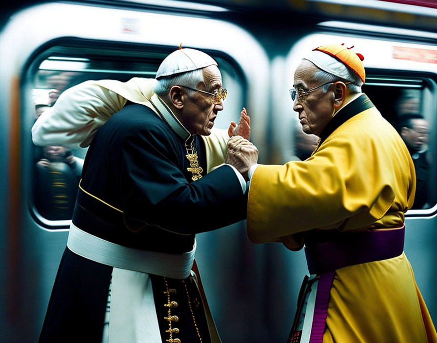 Men in Pope and Cardinal costumes fist bump in subway car