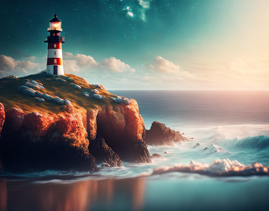 Tranquil seascape with lighthouse on cliffs at sunset