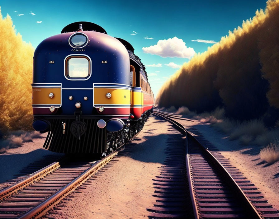 Vintage Blue Train with Golden Accents Passing Through Autumn Trees at Twilight