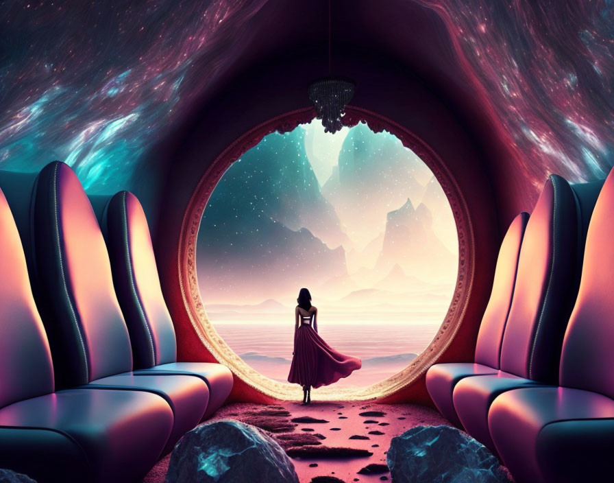 Woman in flowing dress gazes at surreal cosmic landscape in futuristic dome