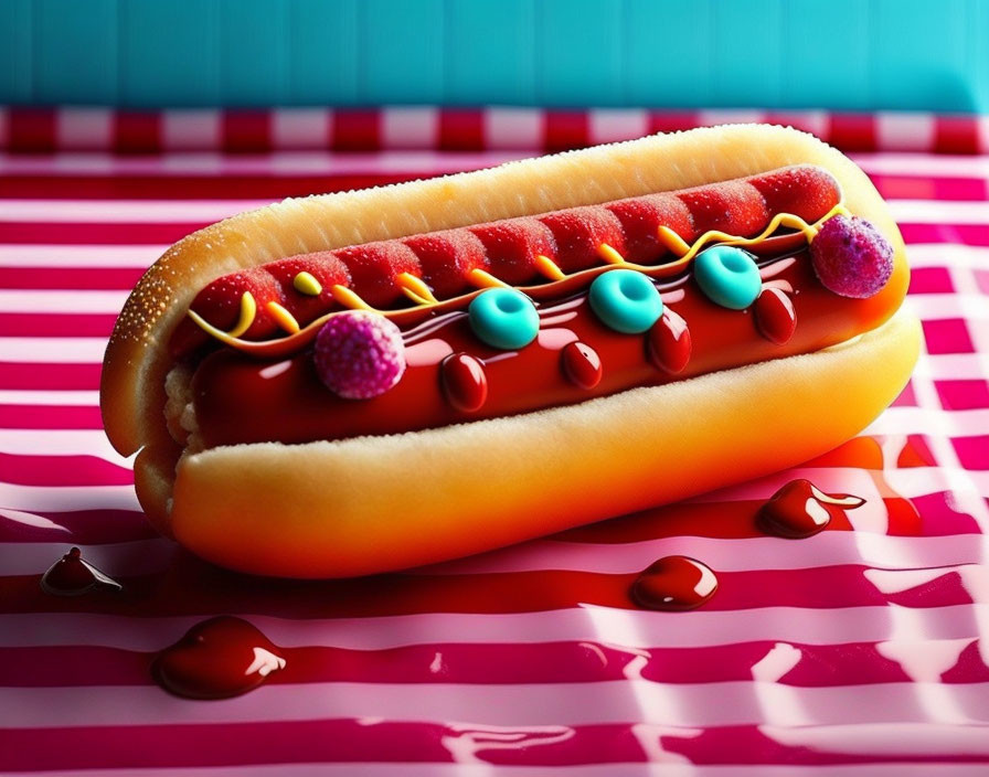 Vibrant hot dog illustration with toppings on a striped background