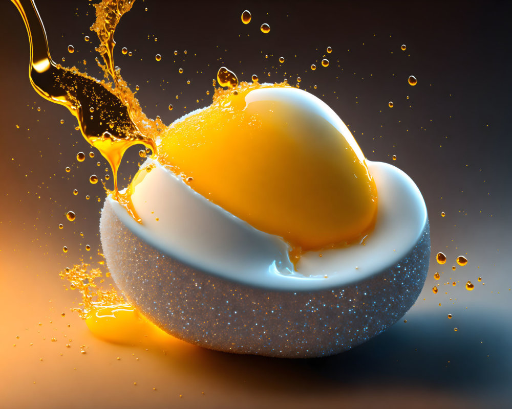 Cracked egg with spilling yolk and suspended droplets on warm-toned background