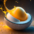 Cracked egg with spilling yolk and suspended droplets on warm-toned background