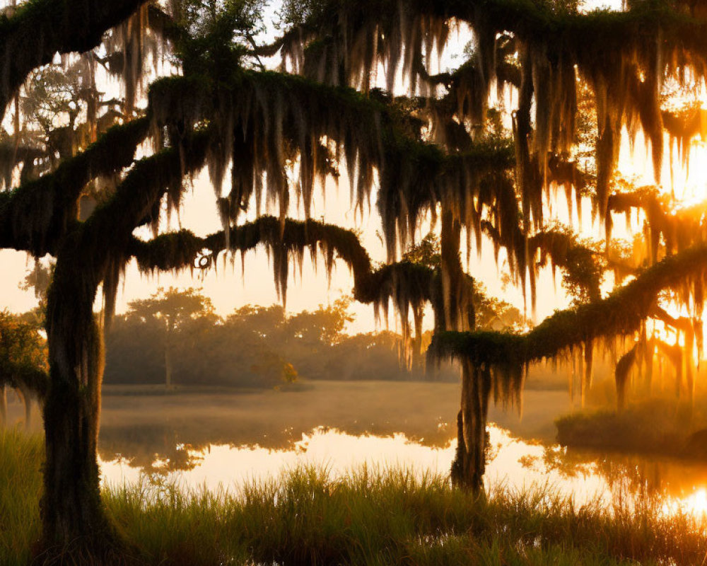Tranquil Southern landscape: Sunrise over moss-draped oak trees by a serene lake