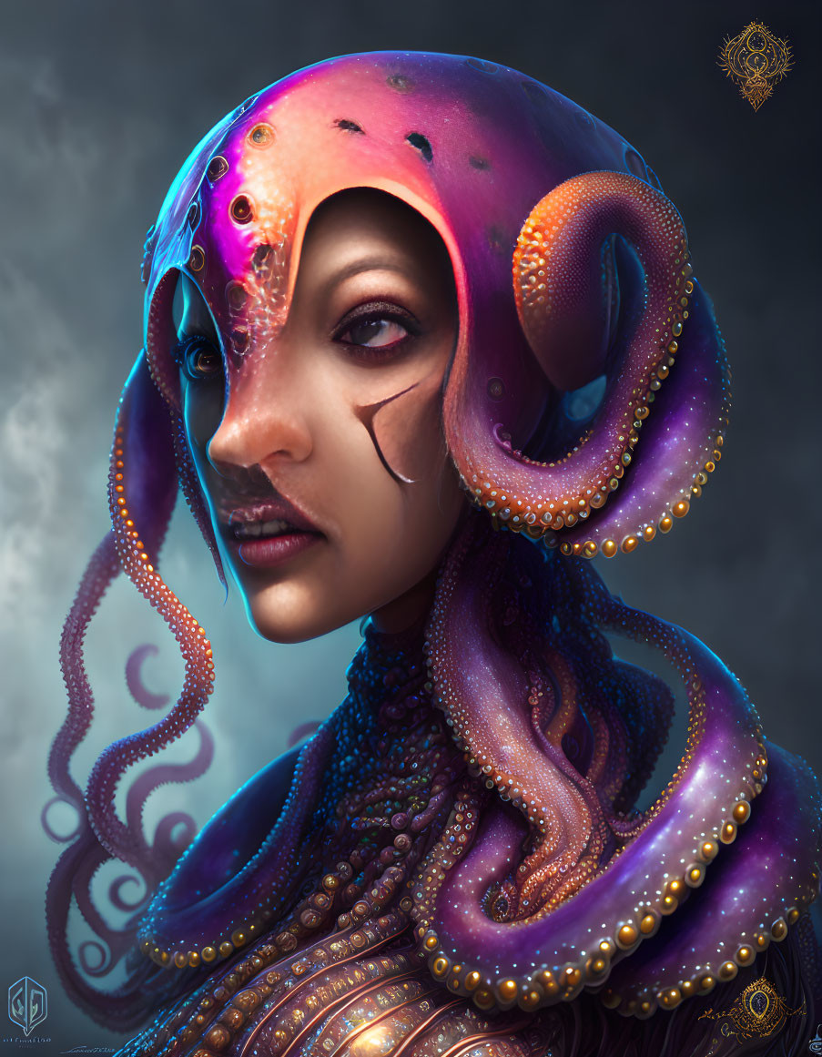 Vibrant digital artwork of a woman with octopus headpiece
