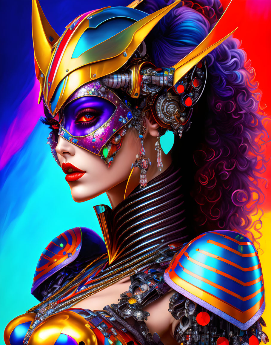 Detailed futuristic armor portrait of a woman with rich colors