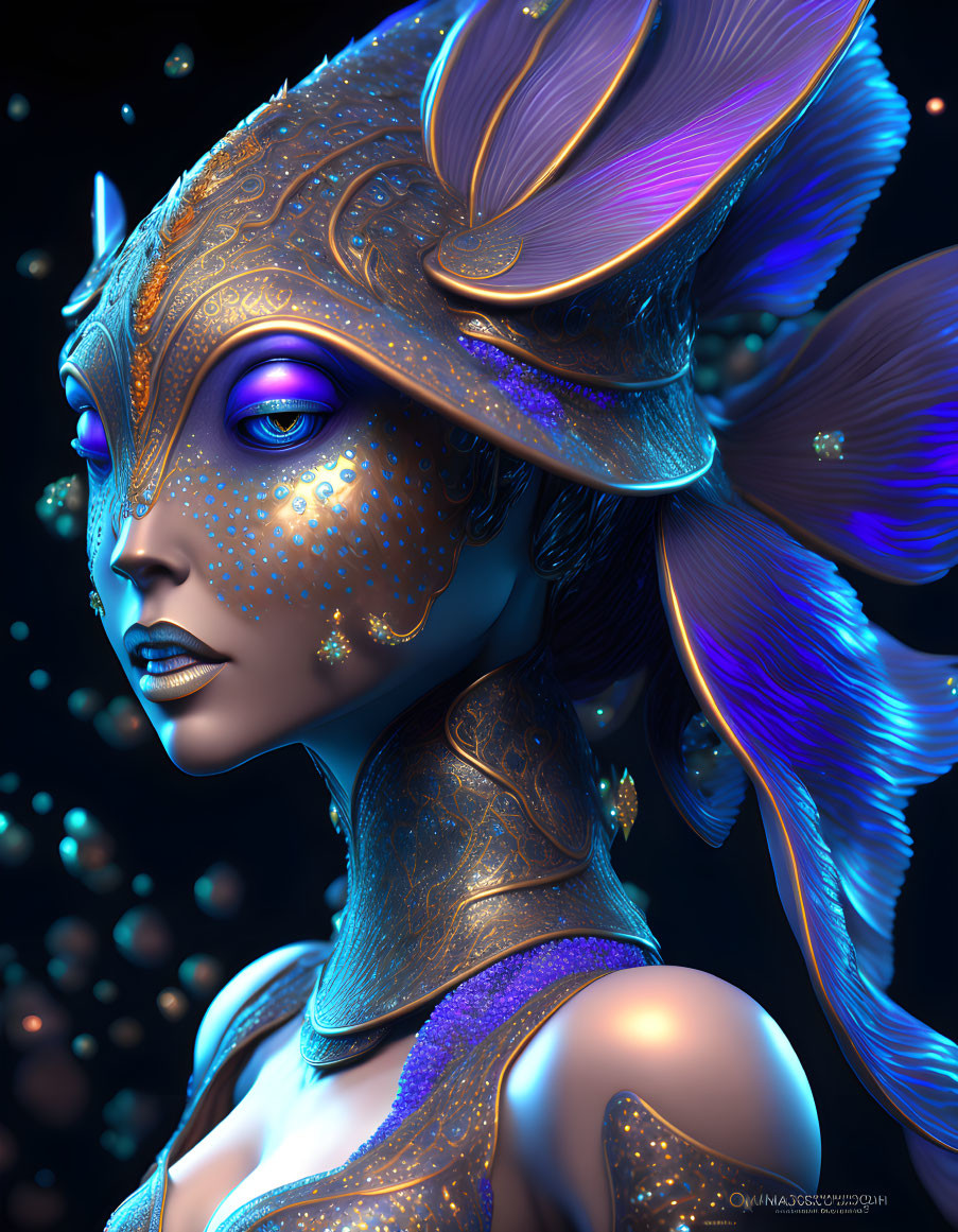 Blue-skinned female figure in golden armor with intricate headdress.