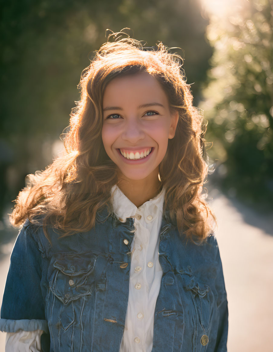 Smiling woman with curly hair in denim jacket and white blouse in soft sunlight landscape