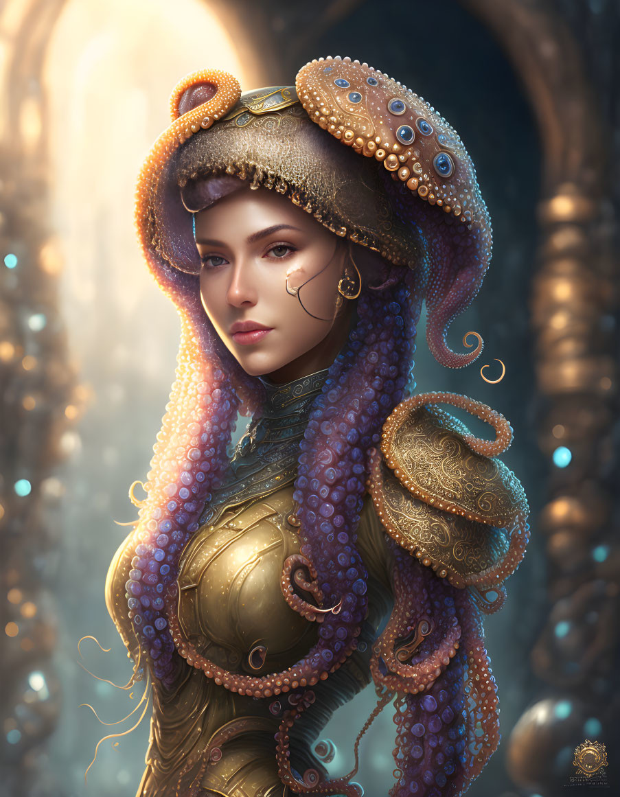 Fantasy woman in octopus-themed headdress with gold armor and mystical background