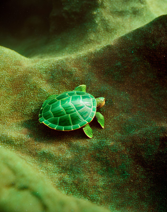 Green Turtle Swimming Near Sandy Ocean Floor with Wavy Underwater Terrain