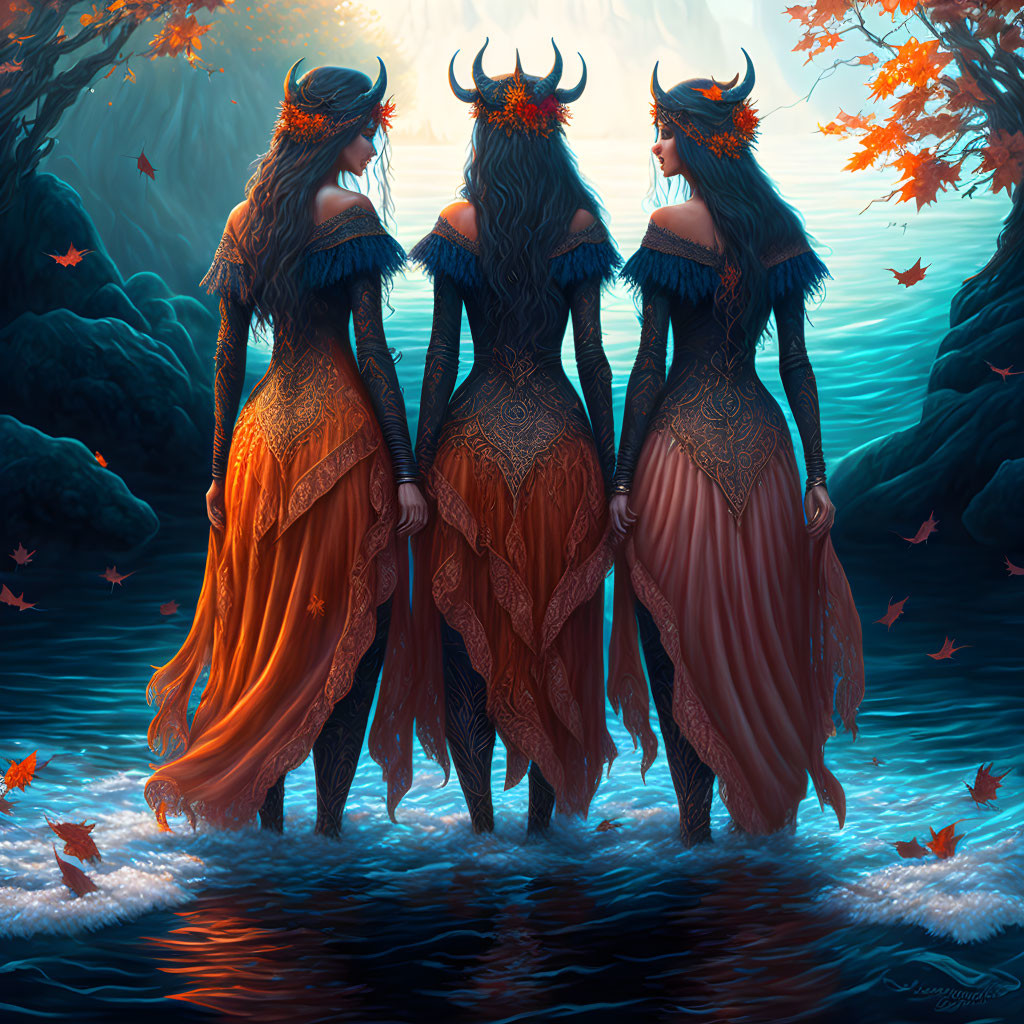 Three women in ornate dresses by mystical river in autumn forest