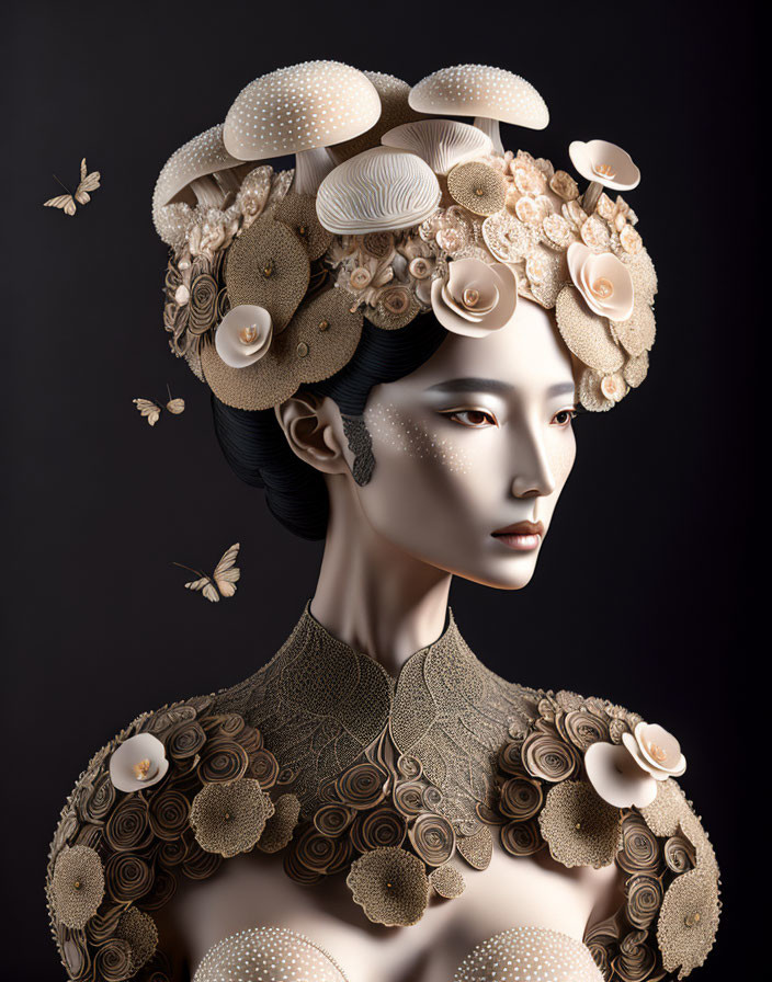 Digital artwork: Woman with porcelain skin, floral headpiece, shoulder garment, butterflies