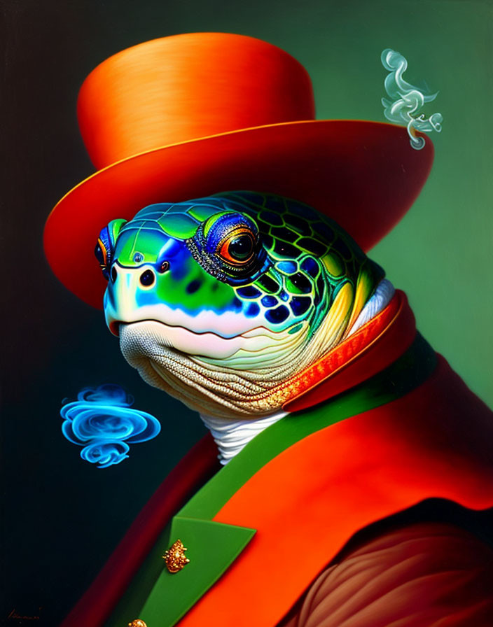 Colorful Anthropomorphic Frog in Elegant Red & Green Attire Smoking Pipe