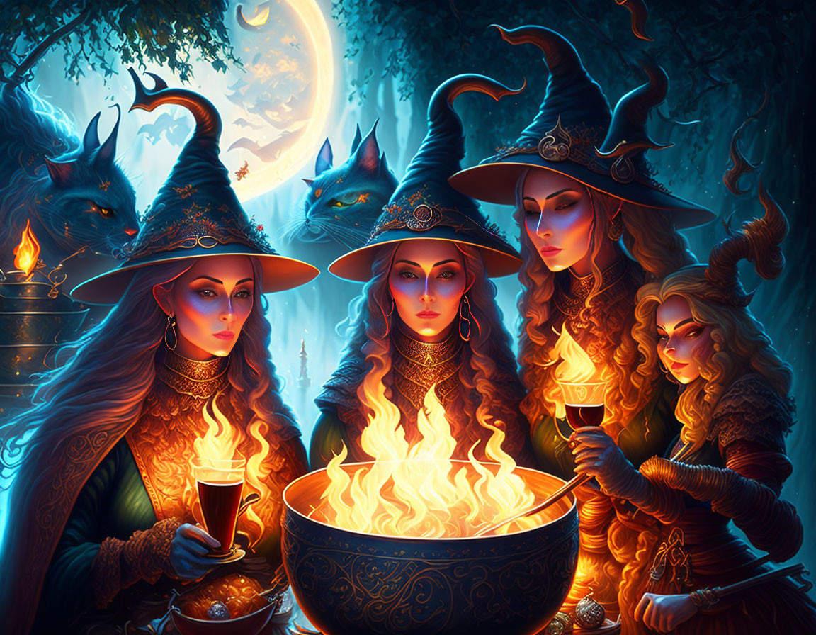 Four witches in pointed hats around cauldron under moonlit sky