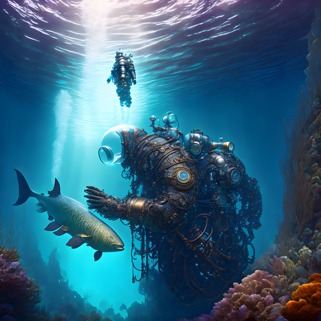 Underwater scene with divers, submarine, fish, and coral reefs