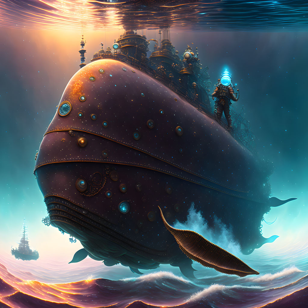 Digital artwork: Giant whale with structures on back in surreal ocean setting