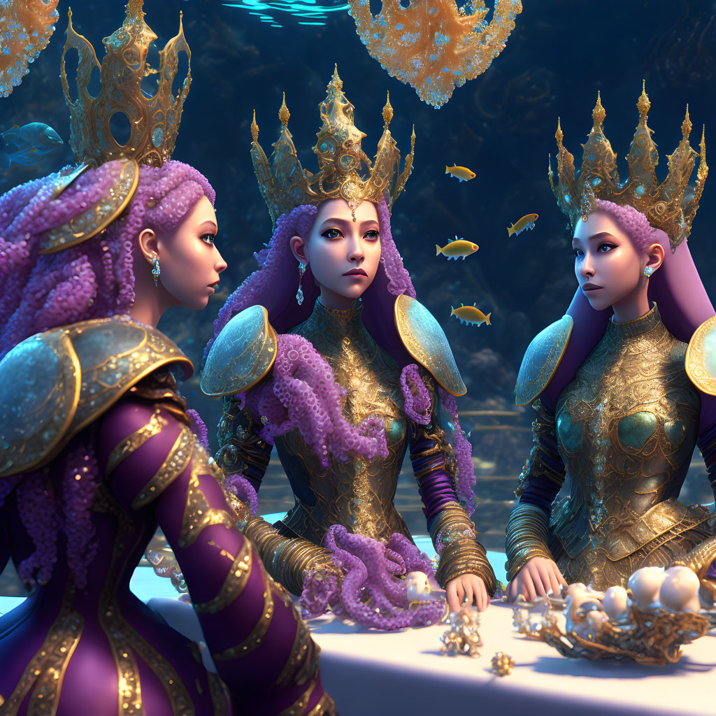 Regal figures in gold and purple attire underwater with fish