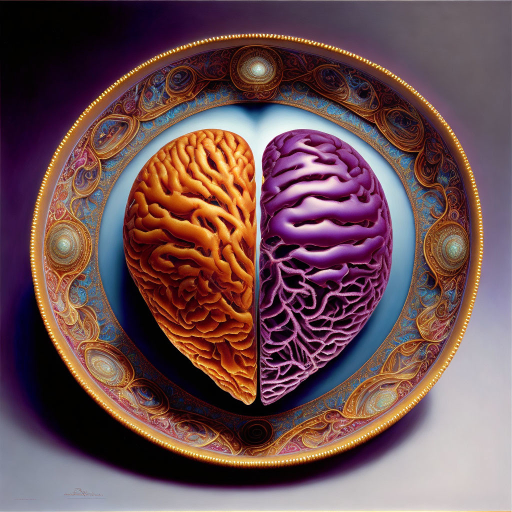 Colorful Split Brain Artwork in Circular Border Shows Biology and Art Blend