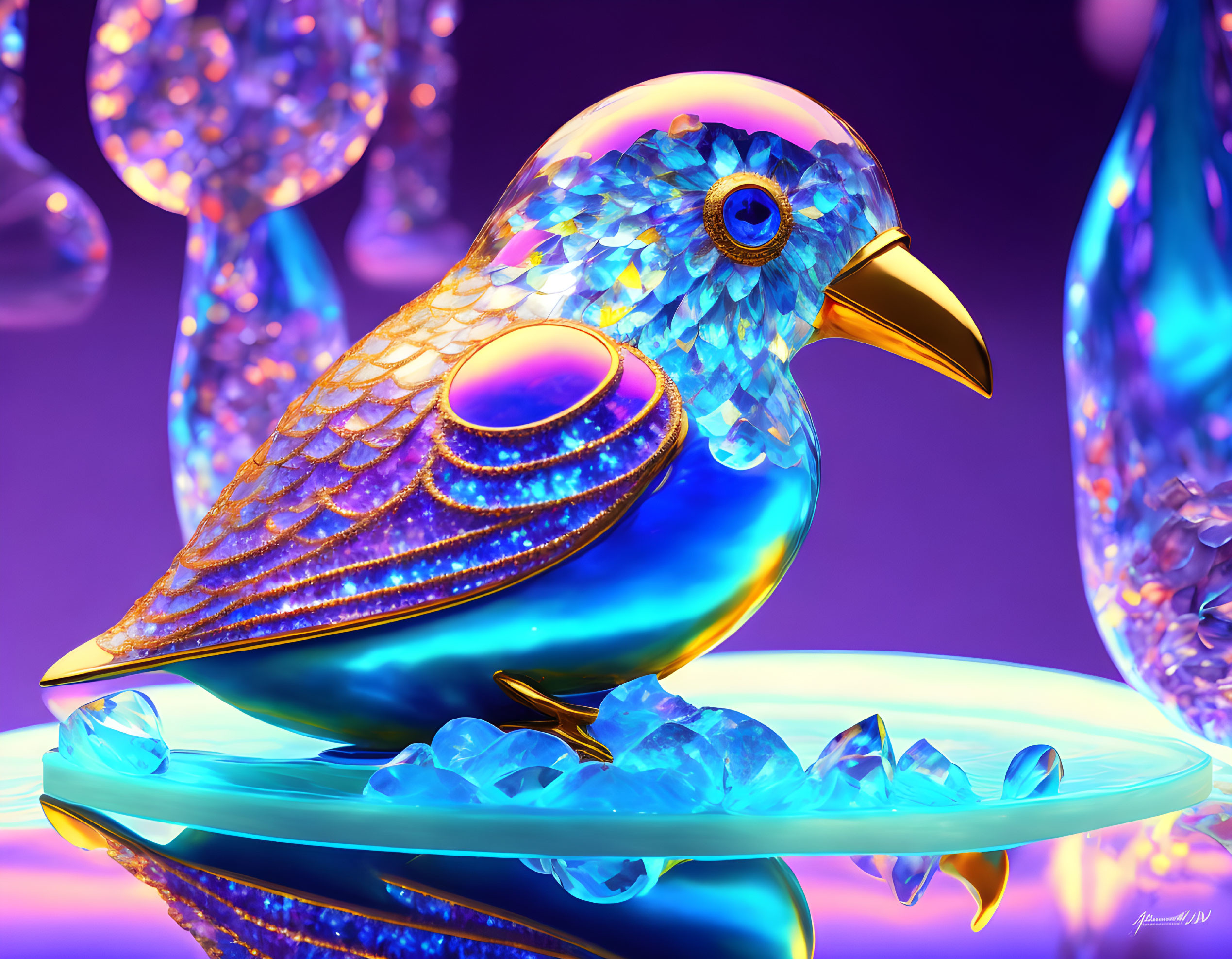 Colorful Crystal Bird Artwork on Purple Background with Glowing Orbs