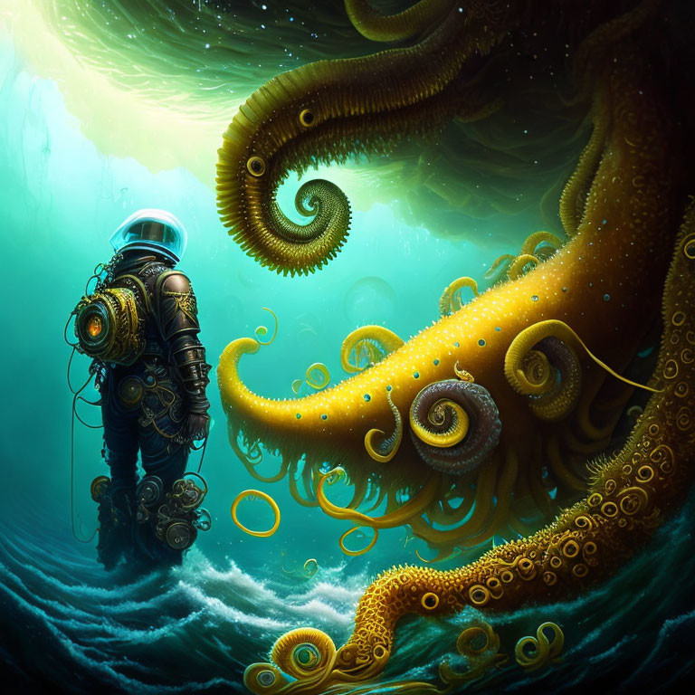 Underwater scene: Diver meets giant octopus with spiraling tentacles