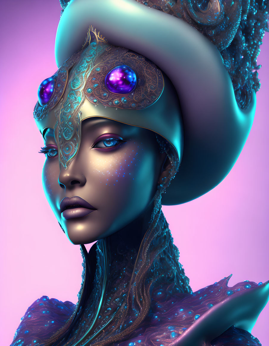 Blue-Skinned Woman Portrait with Ornate Headpiece and Vibrant Makeup