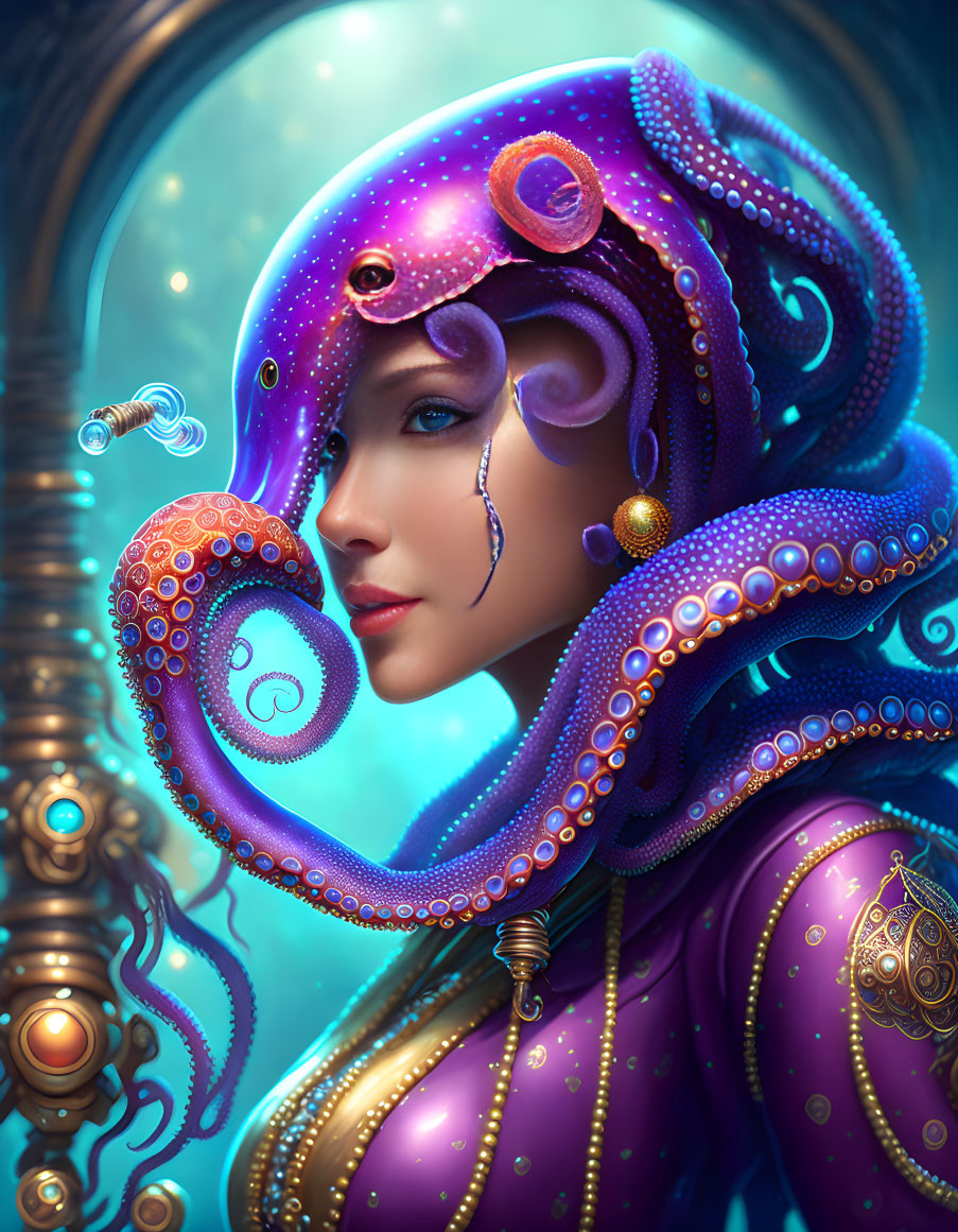 Digital artwork: Person with octopus traits, purple helmet, tentacles, teal marine background