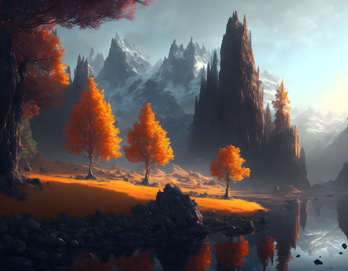 Tranquil autumn landscape with orange trees, snowy mountains, and serene lake