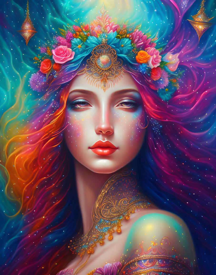 Colorful flowing hair woman with floral jewelry on cosmic background