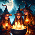 Four witches in pointed hats around cauldron under moonlit sky